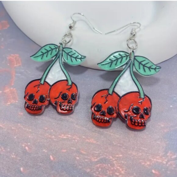 Fun 1950's Inspired Cherry Skull Halloween Earrings - Picture 1 of 4